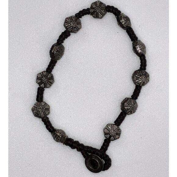 Silver Spinel Textured Beads on Brown Tied Rope 7 1/8" Bracelet! - Picture 4 of 7